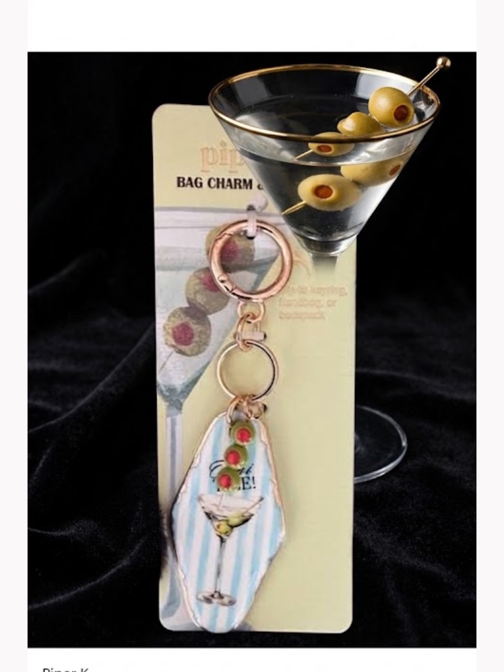 piper·k Blue Striped Martini Bag Charm Key Chain with Gold Hardware
